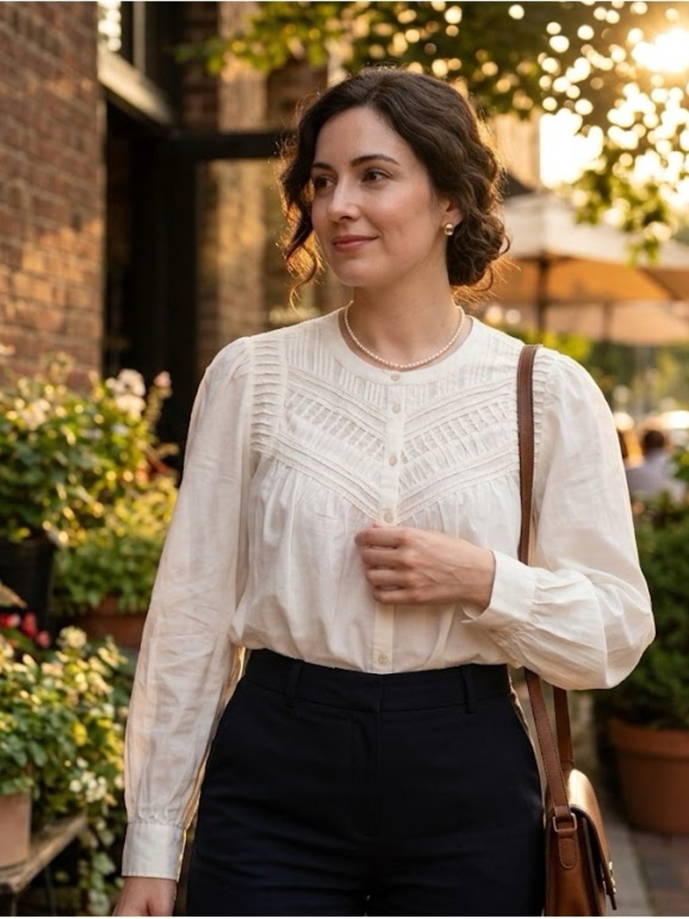 Time and Tru Textured Yoke Cotton Button-Front Blouse with Long Puff Sleeves